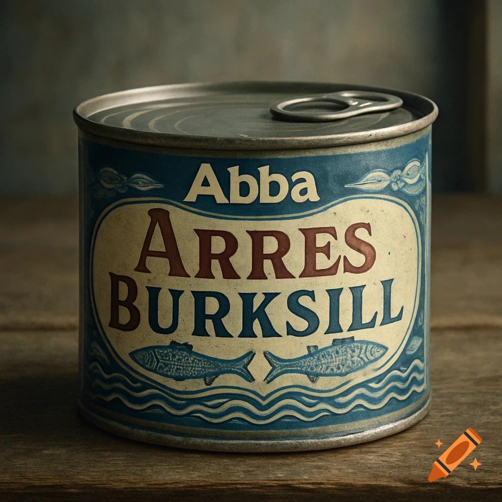 Photorealistic close-up of a vintage blue and cream can of 'Abba Arres Burksill' herring on a wooden surface.