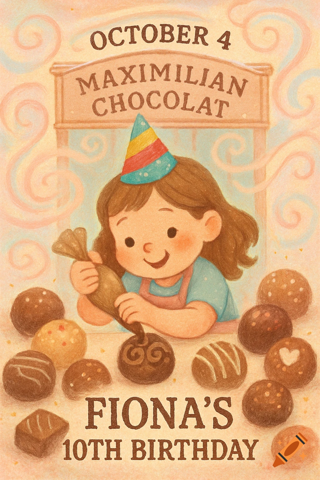 A cute cartoon girl in a party hat decorates chocolates, with text for Fiona's 10th birthday invitation.