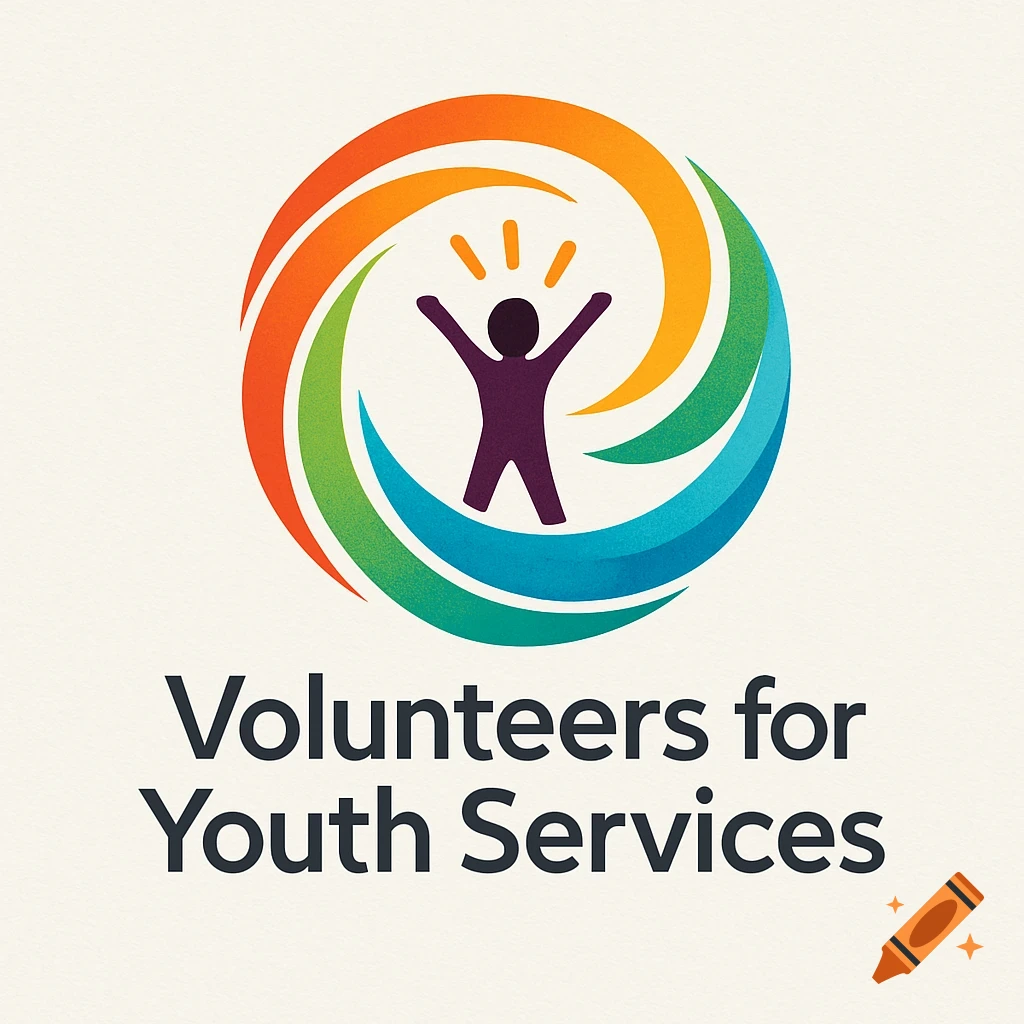 Colorful logo with a stylized person figure surrounded by swirling colors and text 'Volunteers for Youth Services'.