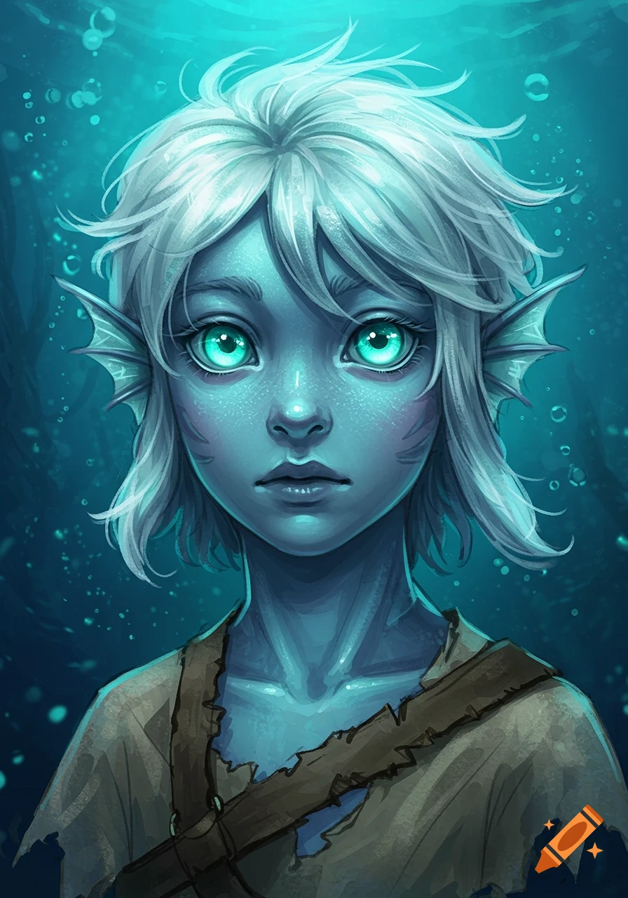 An illustration of an androgynous child with pale blue skin, white hair, glowing teal eyes, and webbed ears, underwater.