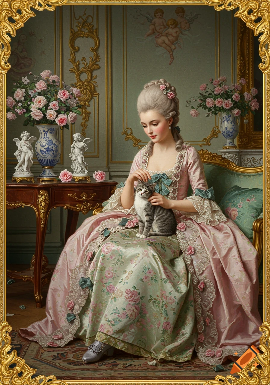 Rococo painting of an elegant woman in a pink gown petting a tabby cat in a richly decorated room.
