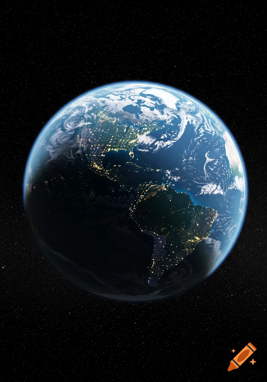 A photorealistic depiction of Earth from space, showing continents, clouds, and city lights on the night side.