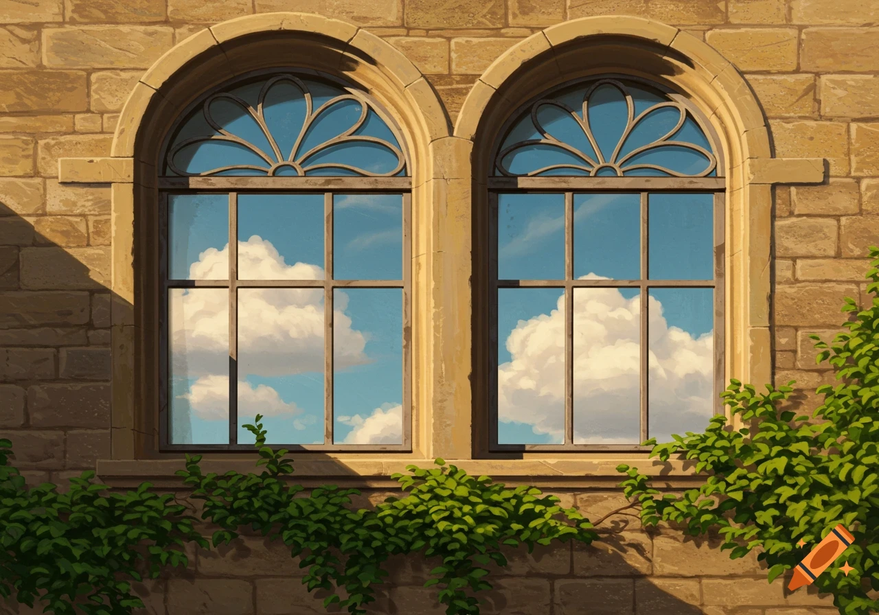 Two arched windows in a stone wall reflect a cloudy blue sky, with green ivy growing below, in an illustrated style.