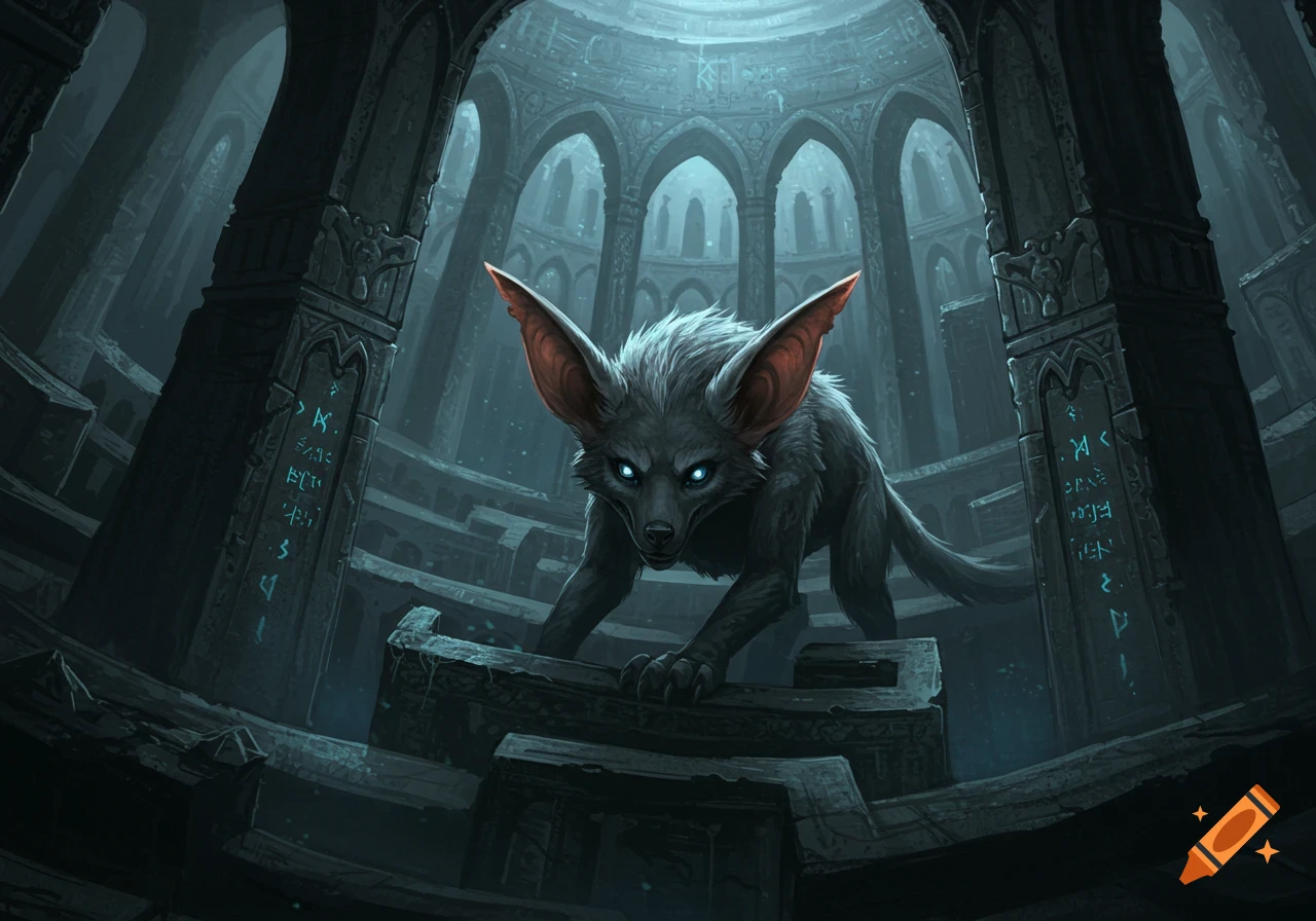 A gray, wolf-like creature with large red bat-ears and glowing blue eyes crouches in a dark, ancient labyrinthine ruin with glowing runes.