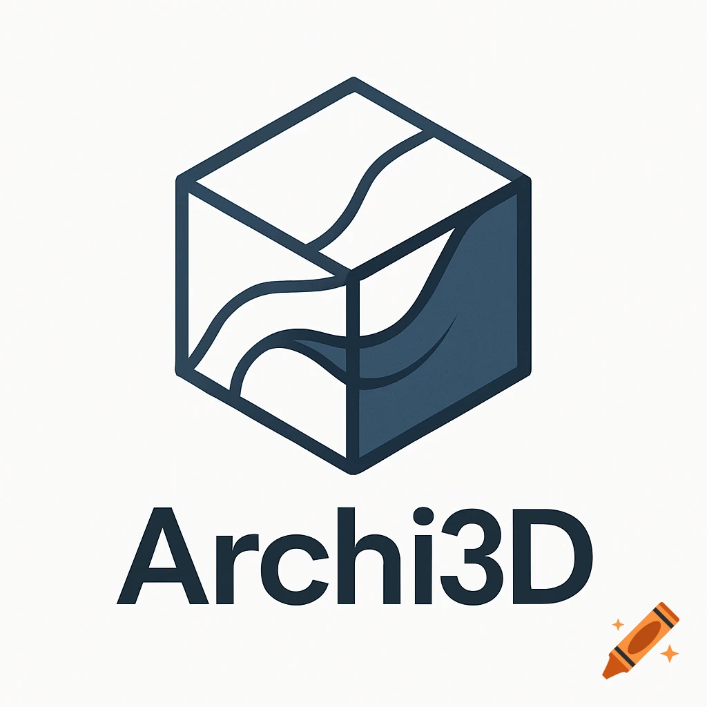 Archi3D app logo: a dark blue geometric cube with wavy patterns above the text 'Archi3D'.