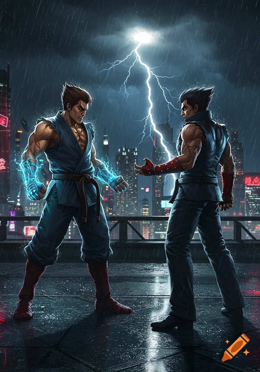 Two muscular anime-style men face each other on a rainy skyscraper rooftop with lightning striking in the dark sky above a neon city.