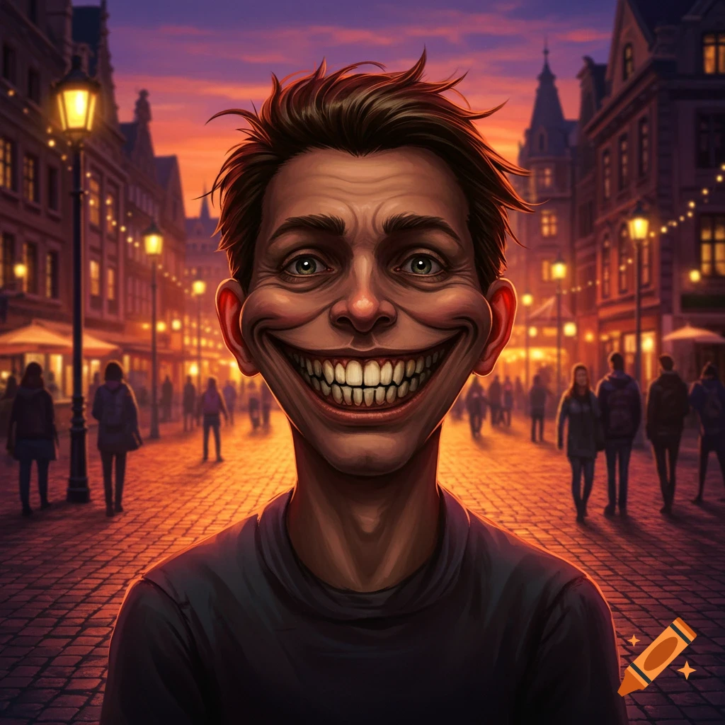 Caricature of a man with an unnervingly wide smile on a cobblestone street at dusk, illuminated by lamplight.