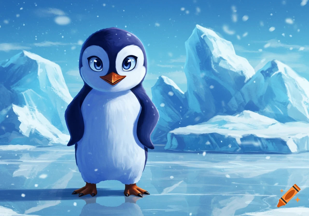 A cute anime-style penguin stands on a frozen plain, surrounded by large icebergs and falling snow.