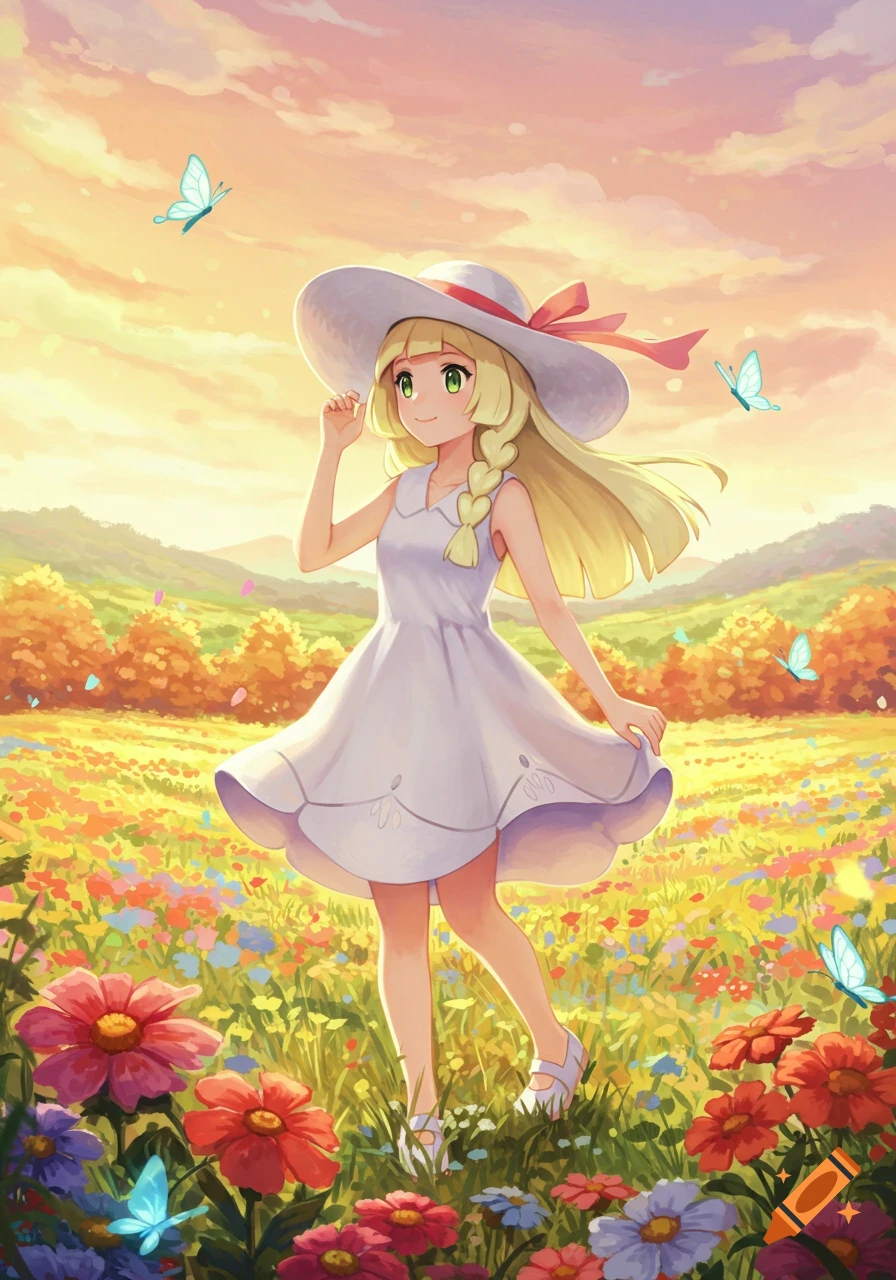 Anime-style Lillie from Pokemon smiling in a sunny flower field with butterflies and distant mountains.