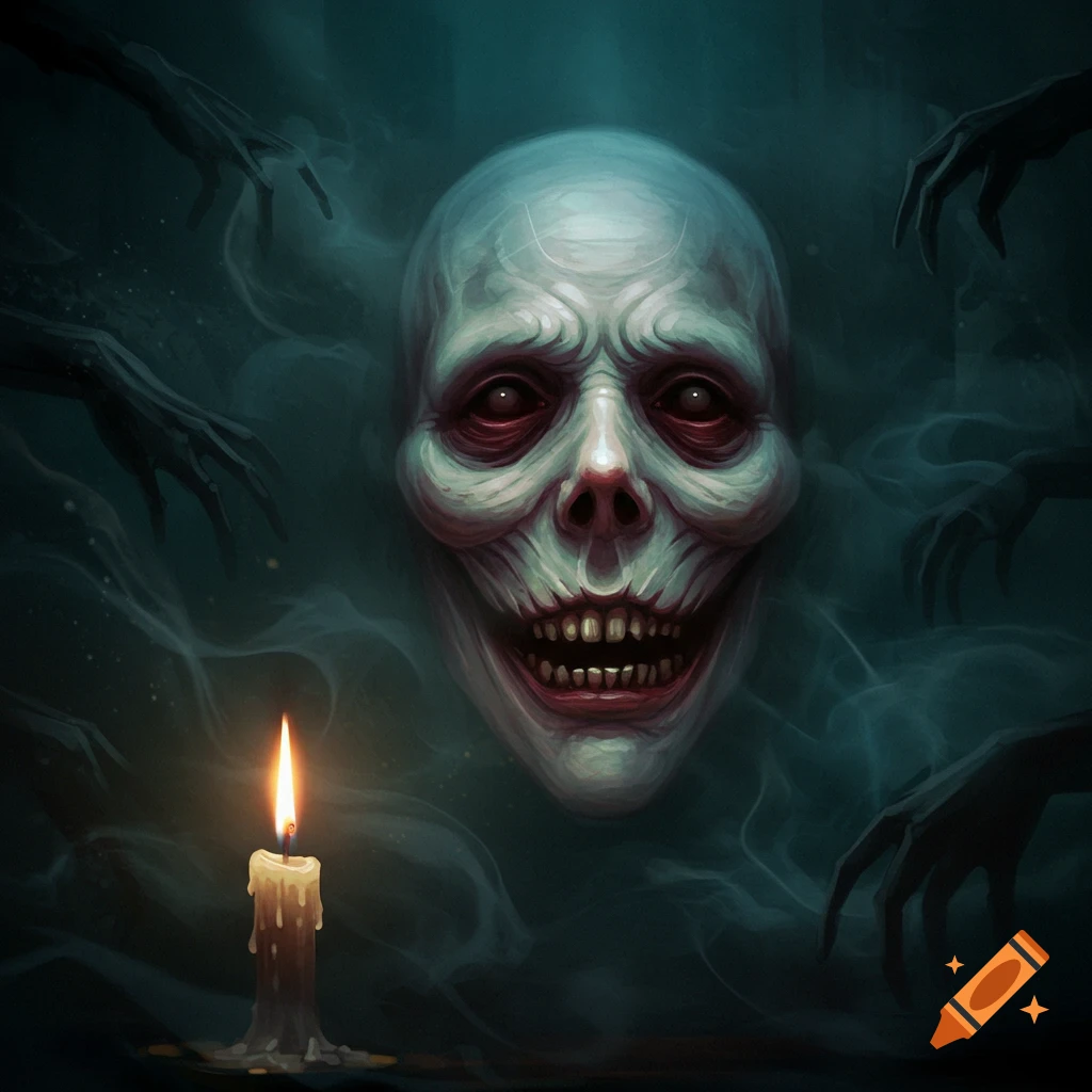 Close-up of a creepy, pale skeletal face with red eyes and a wide grin emerging from dark smoke, surrounded by shadowy hands, a lit candle burns below.