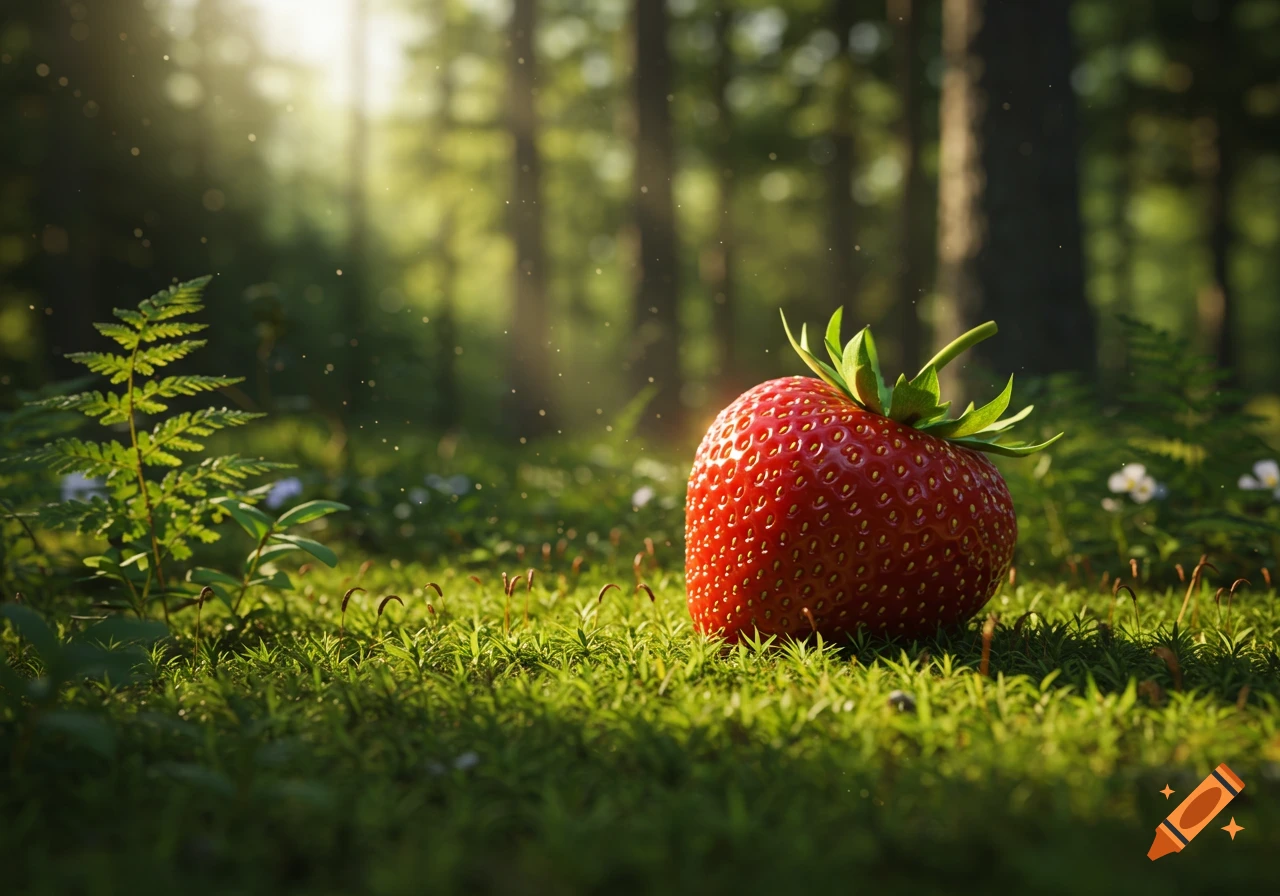 A vibrant red strawberry rests on a mossy forest floor, bathed in warm sunlight filtering through the trees.