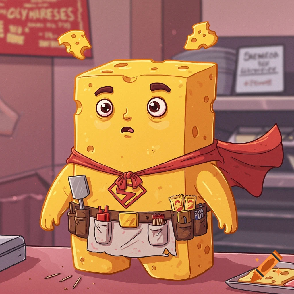A cartoon anthropomorphic block of cheddar cheese with a red cape and deli apron stands in a deli, holding a spatula.