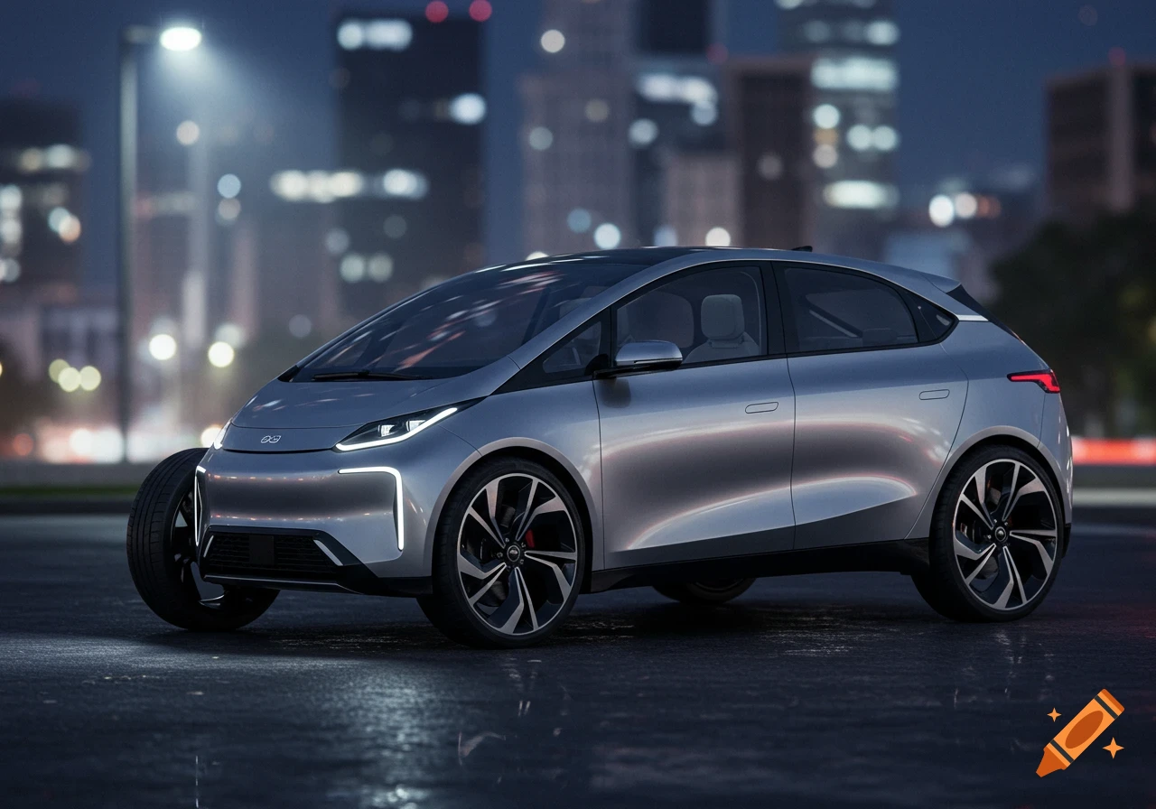 Sleek silver electric concept car parked on a wet city street at night with glowing city lights.