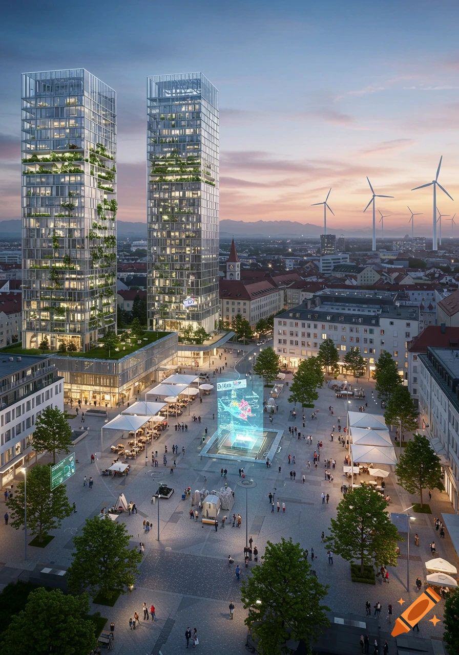 High-angle view of a futuristic city square at dusk with green-covered skyscrapers, people, a glowing holographic display, and wind turbines in the distance.