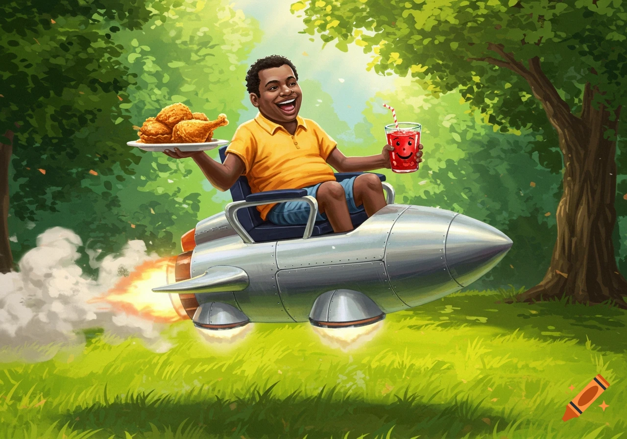 A smiling man in a rocket flies through a park, holding fried chicken and a red drink with a smiley face. Cartoon style.