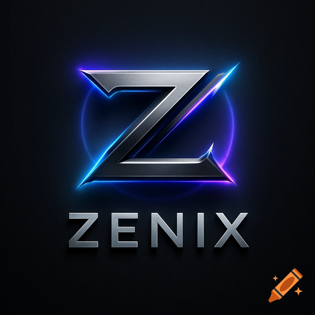 A metallic letter Z logo with blue and purple neon outlines above the word ZENIX in silver text on a dark background.