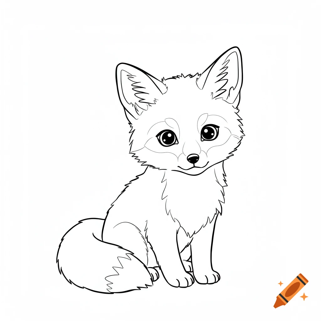 Line art drawing of a cute baby fox with big eyes, sitting on a white background.