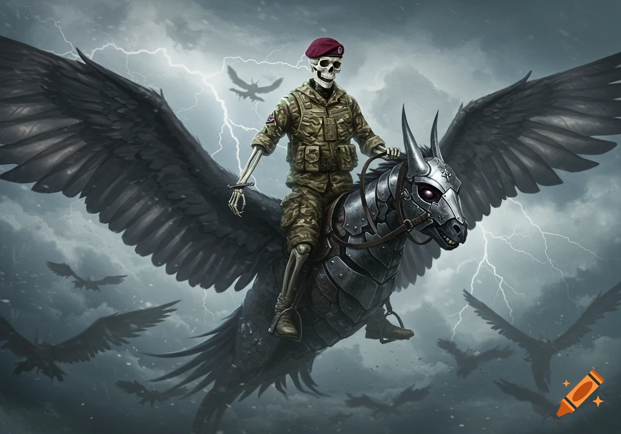 A skeleton in a British military uniform and maroon beret rides an armored winged beast through a stormy sky with lightning.