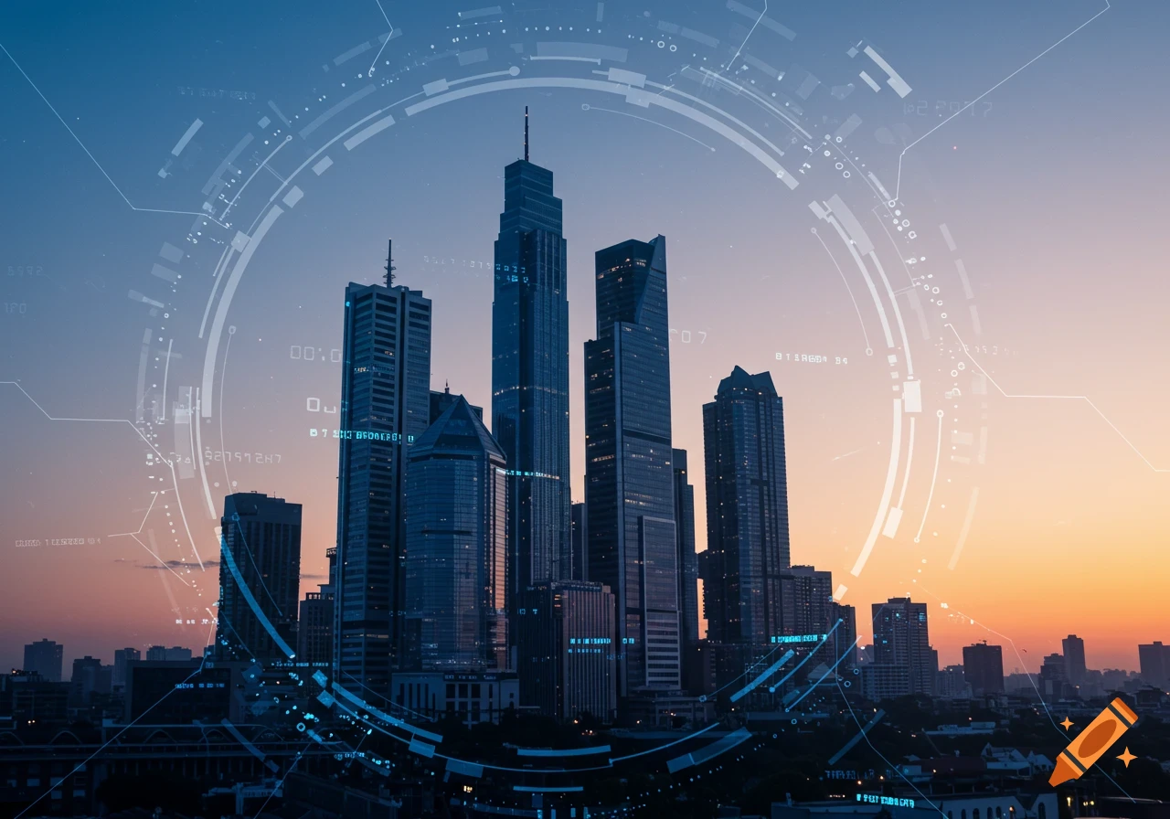 A modern city skyline at sunset with futuristic blue and white data graphic overlays.
