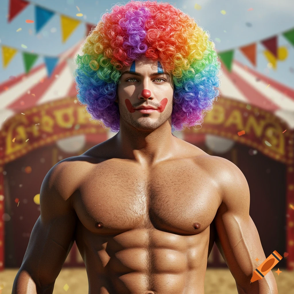 Muscular man with a rainbow afro wig and clown makeup stands in front of a blurred circus tent with banners and confetti.