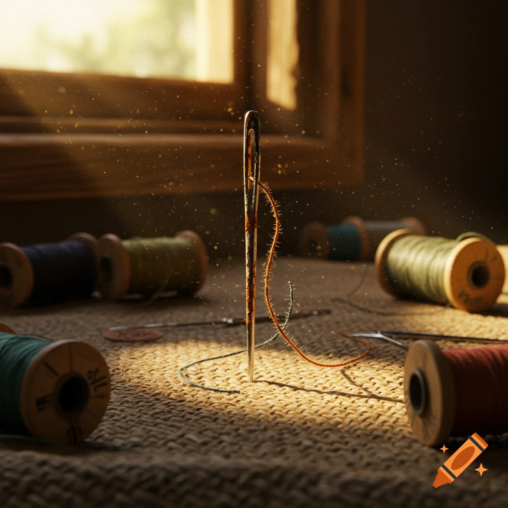 A rusty sewing needle threaded with orange yarn stands on a textured surface, surrounded by spools of colorful thread in sunlight.