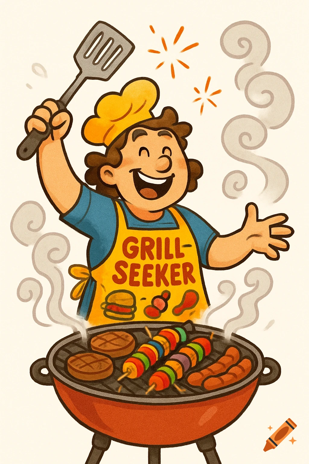 A happy cartoon chef in an apron labeled "GRILL-SEEKER" holds a spatula over a grill cooking burgers, skewers, and sausages with smoke rising.
