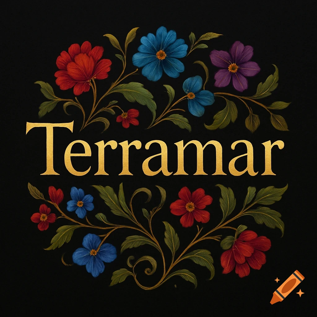 Golden 'Terramar' text centered amidst a vibrant circular floral design with red, blue, and purple flowers on a black background.