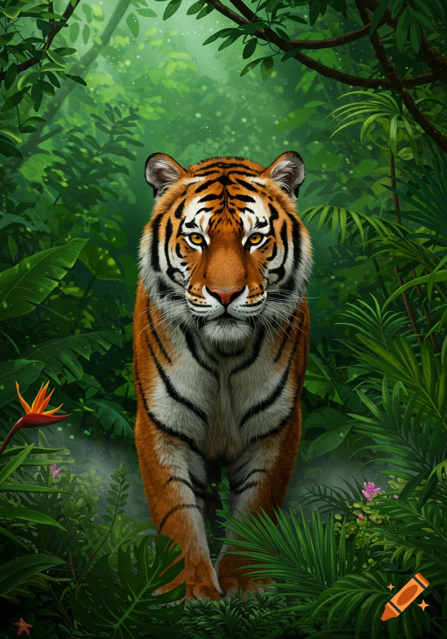 A majestic tiger with bright orange and black stripes looks directly forward from a lush green jungle.