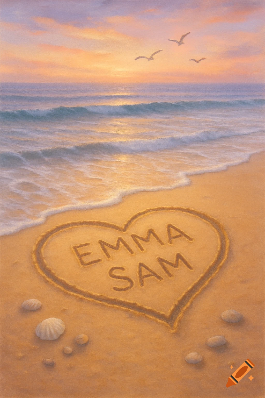 Names Emma and Sam written in a heart on a sandy beach at sunset, with ocean waves and seagulls flying.