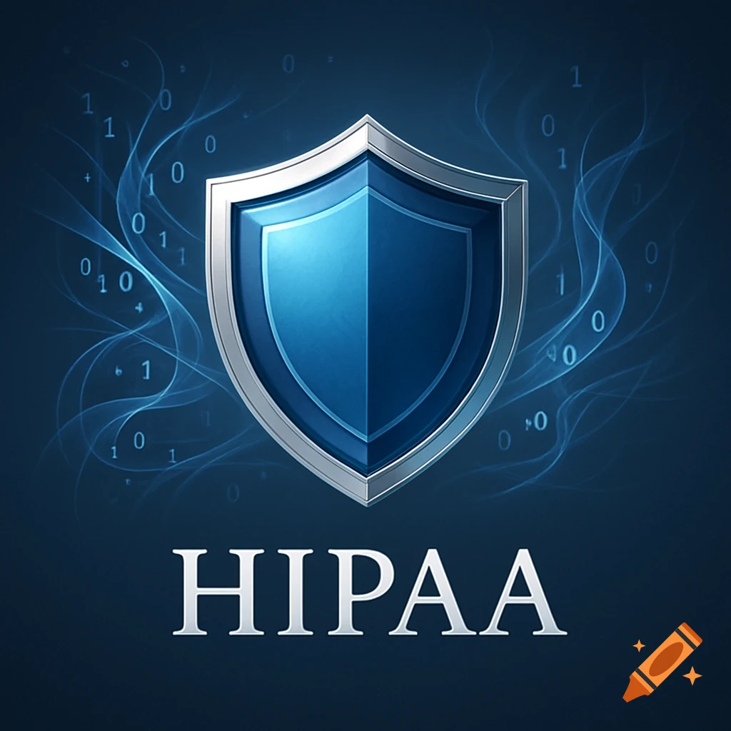 A shiny blue and silver shield against a dark blue background with glowing binary code and the word 'HIPAA' below it, symbolizing data security.