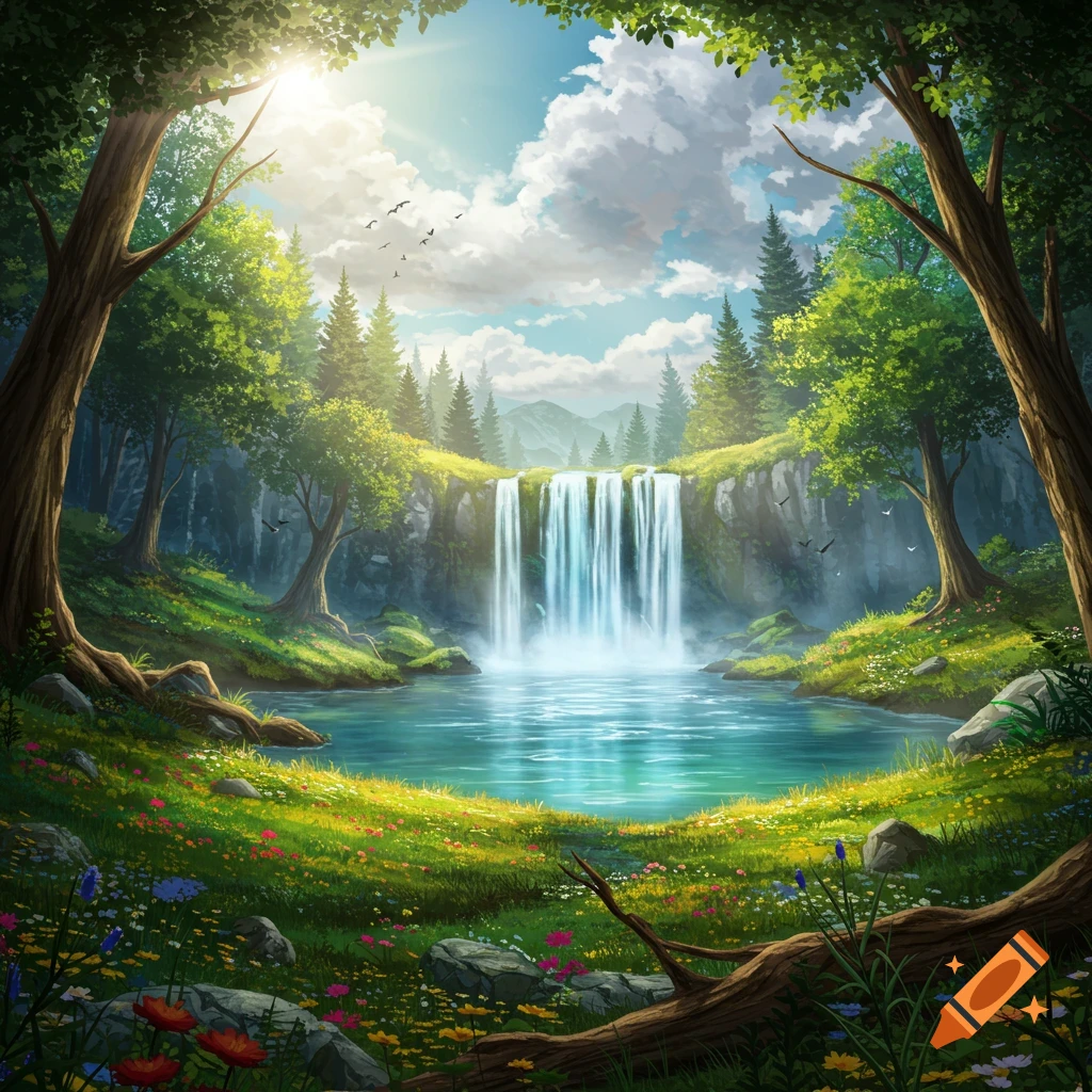 A vibrant, lush forest landscape featuring a multi-tiered waterfall cascading into a clear pool, surrounded by wildflowers and towering trees under a bright sky.