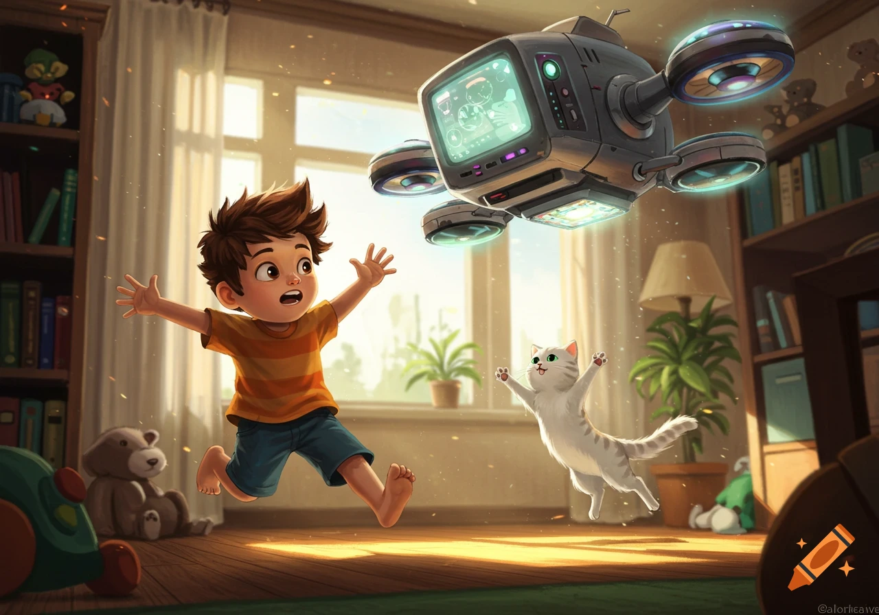 A cartoon boy and cat jump excitedly towards a flying computer drone in a sunny playroom.