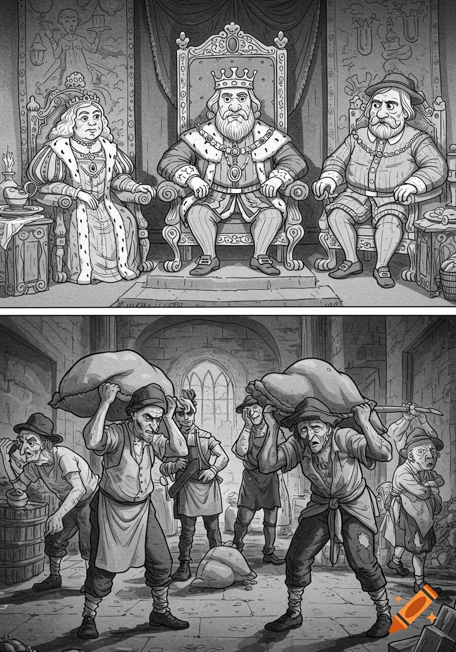 A black and white cartoon split into two panels: top shows lavishly dressed royalty on thrones, bottom shows commoners laboring with heavy sacks in a dungeon.