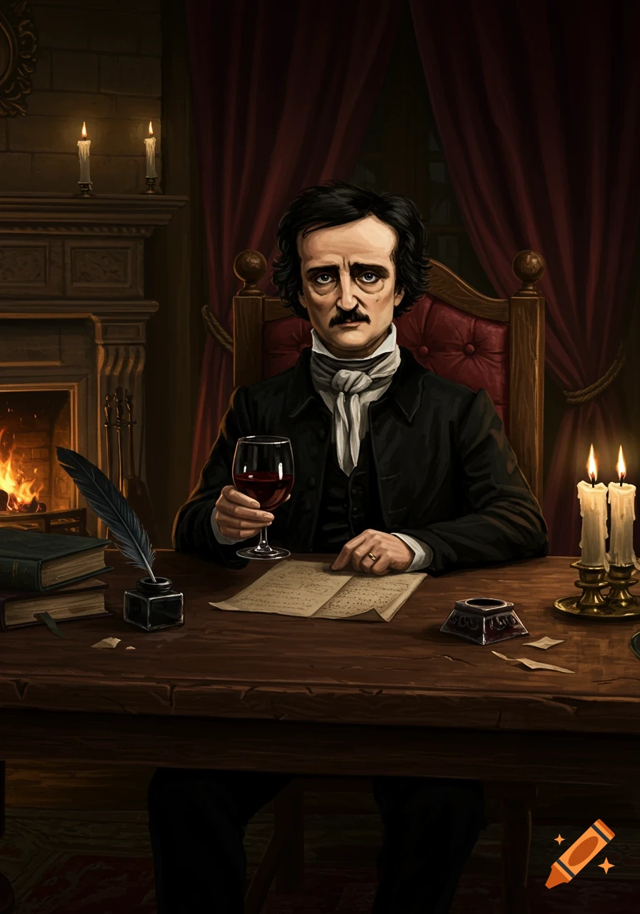 A painterly portrait of Edgar Allan Poe sitting at a desk, holding a glass of red wine, with a fireplace and candles.