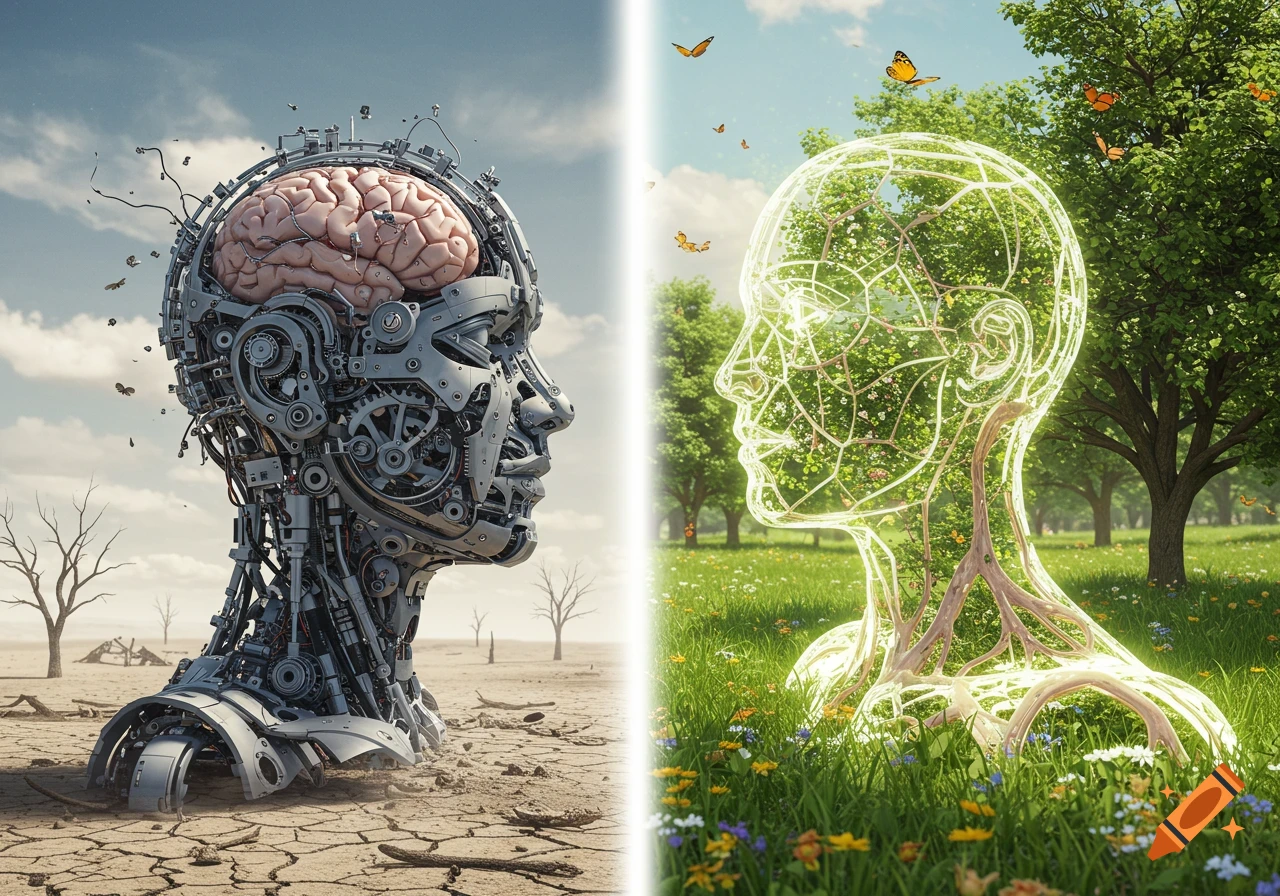 Split image: a robotic head in a desert on left, a glowing nature-filled head in a meadow on right, symbolizing technology vs. nature.