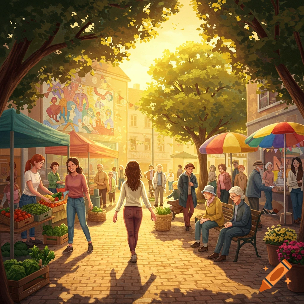 Vibrant illustration of a bustling outdoor market with people, produce stalls, and trees casting shadows under bright sunlight.