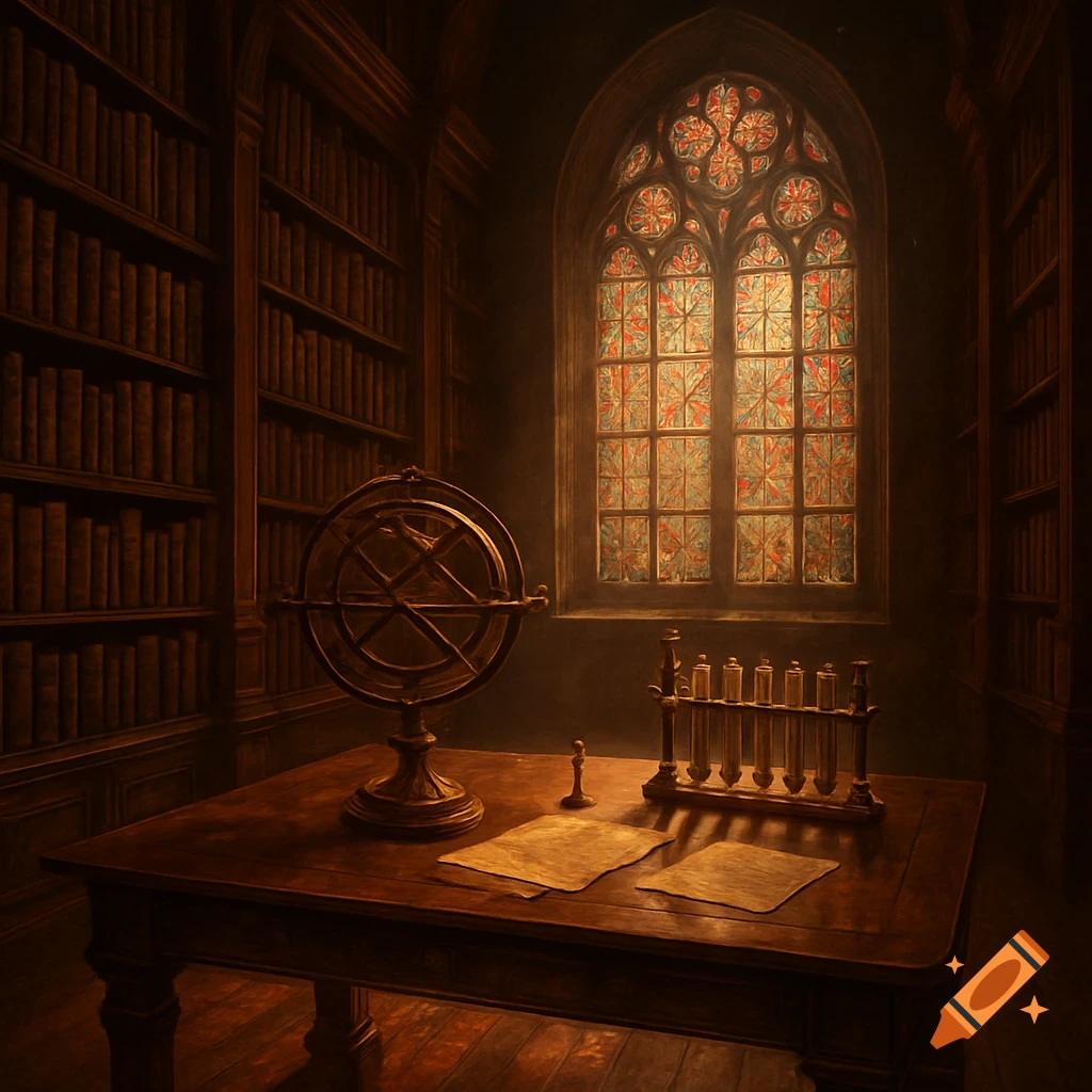 A dark, atmospheric study with a large wooden table holding an armillary sphere and test tubes. Tall bookshelves line the walls, and a large stained glass window provides dim light.