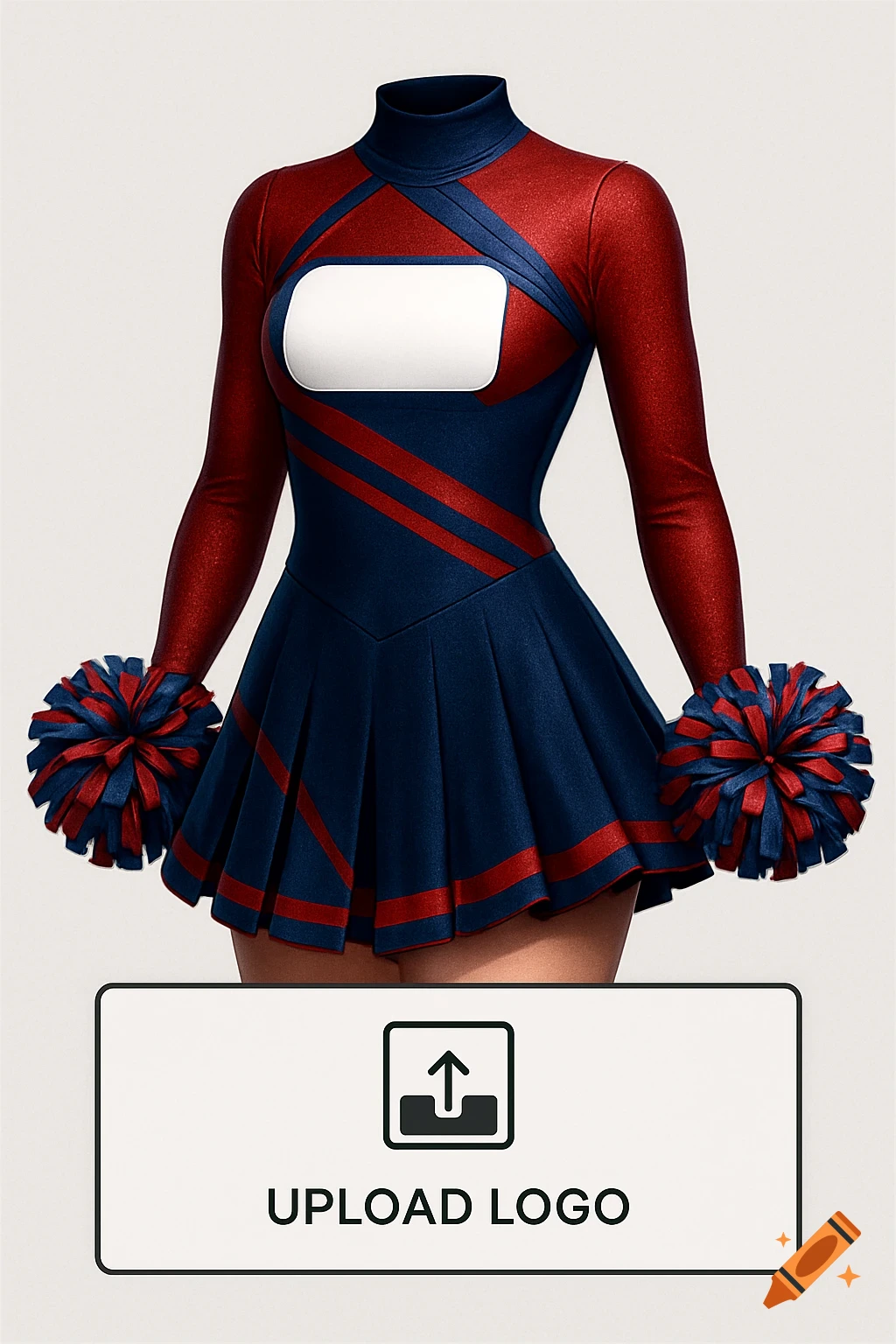 A headless mannequin wears a red and blue cheerleading uniform with pom-poms. A white rectangle on the chest serves as a logo placeholder, with "UPLOAD LOGO" text below.