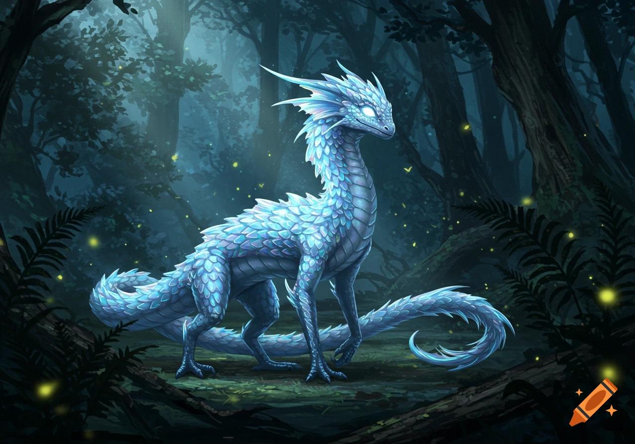 A majestic light blue and silver scaled dragon-like creature with glowing white eyes stands in a dark, mystical forest at night.