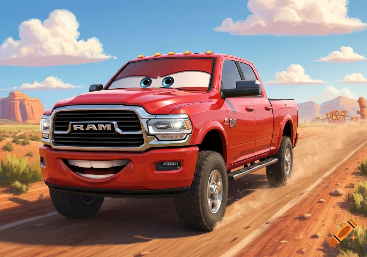 A red Ram 2500 pickup truck stylized as a Pixar Cars character, driving on a dirt road in a desert landscape.