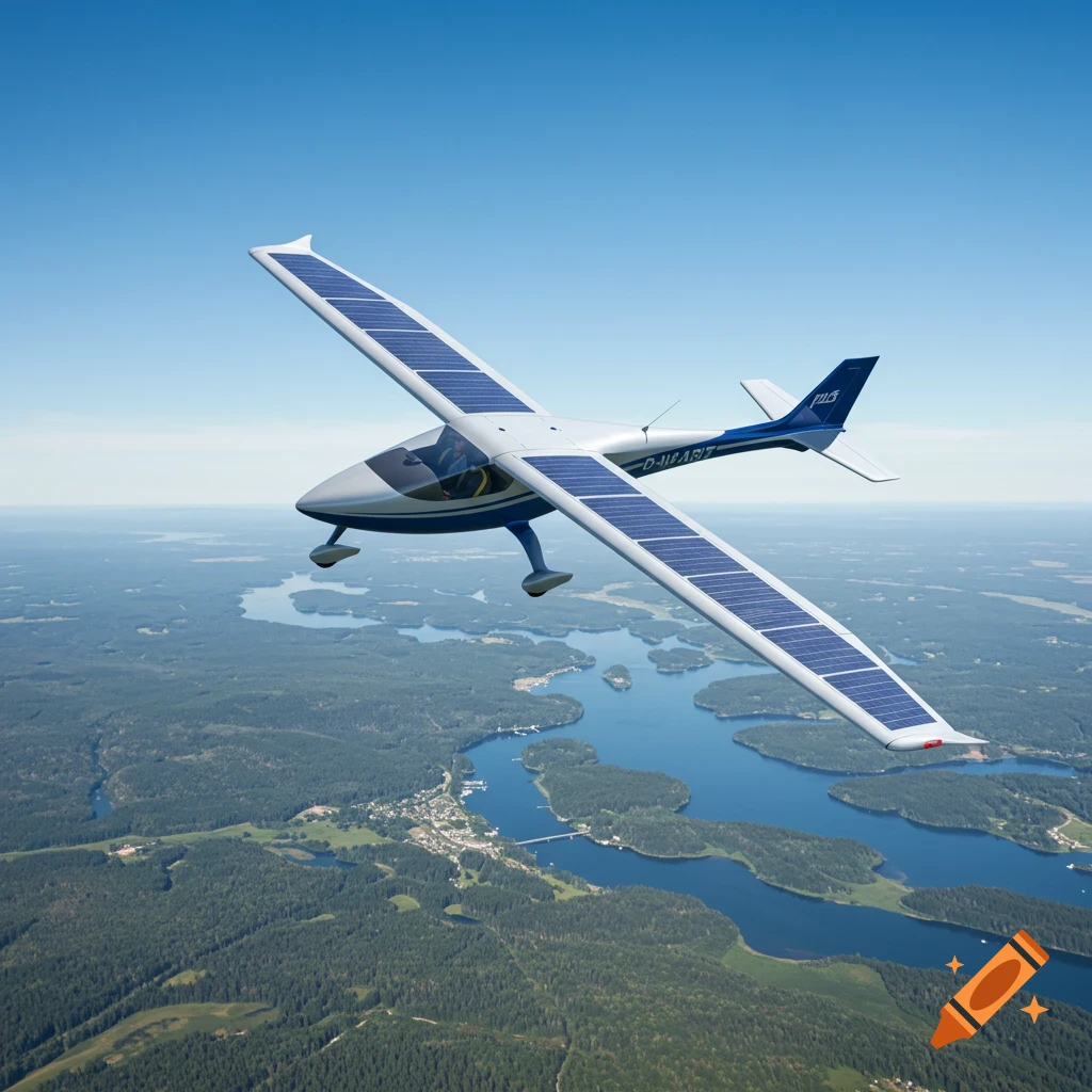 A photorealistic solar-powered airplane flies over a sprawling forest and lake landscape under a clear blue sky.