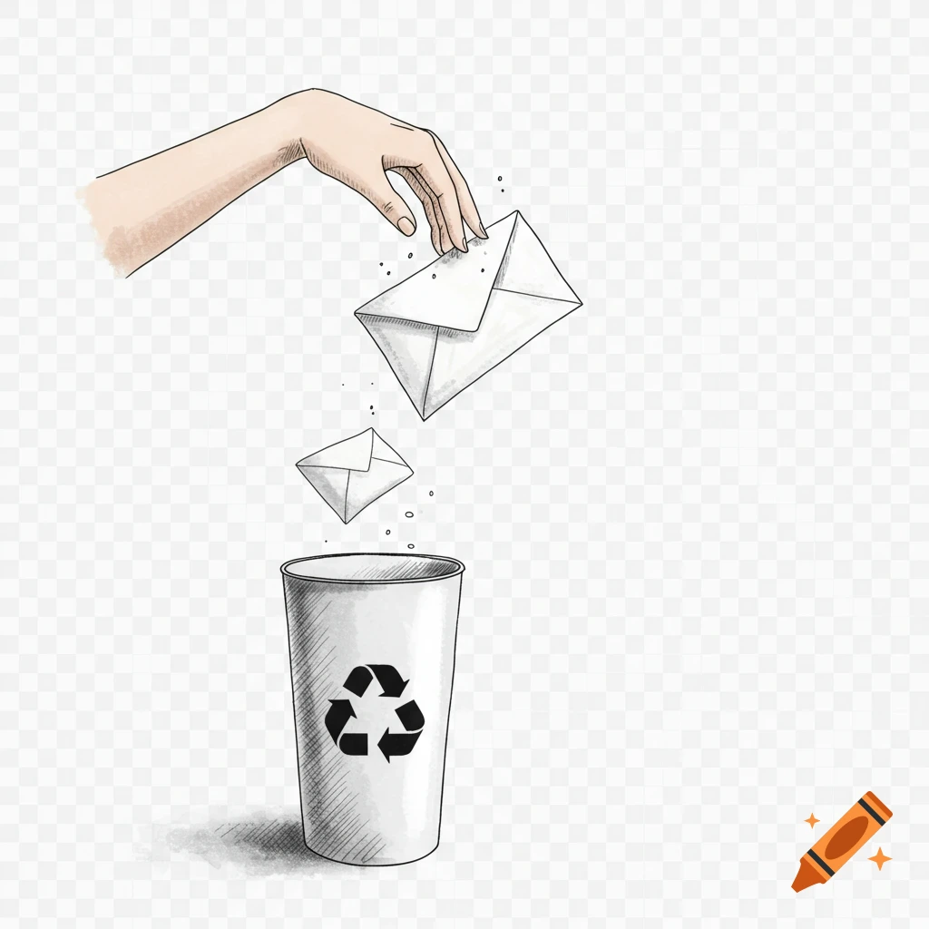 A sketch illustration of a hand dropping envelopes into a recycling bin with a transparent background.