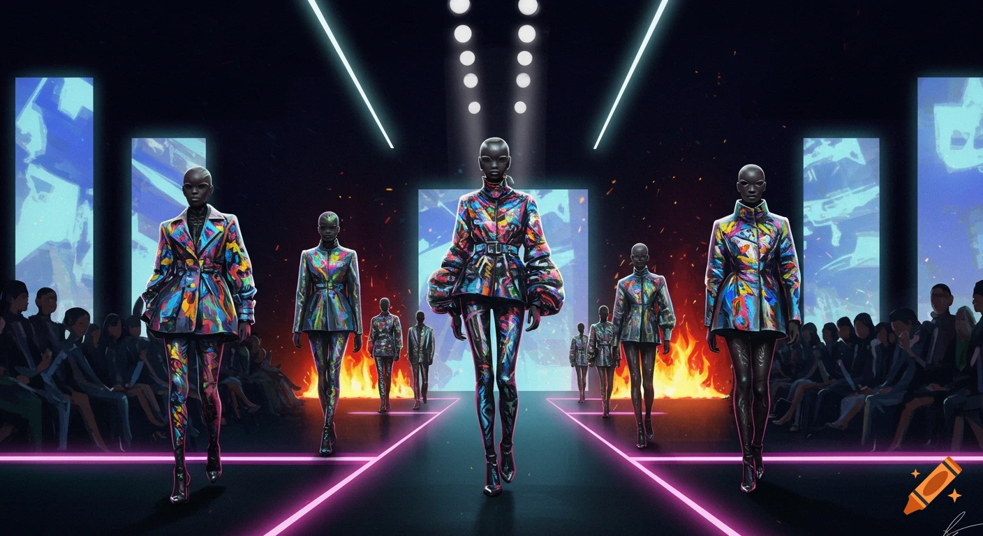 Futuristic fashion runway with models wearing vibrant, abstractly patterned outfits, illuminated by neon lights.
