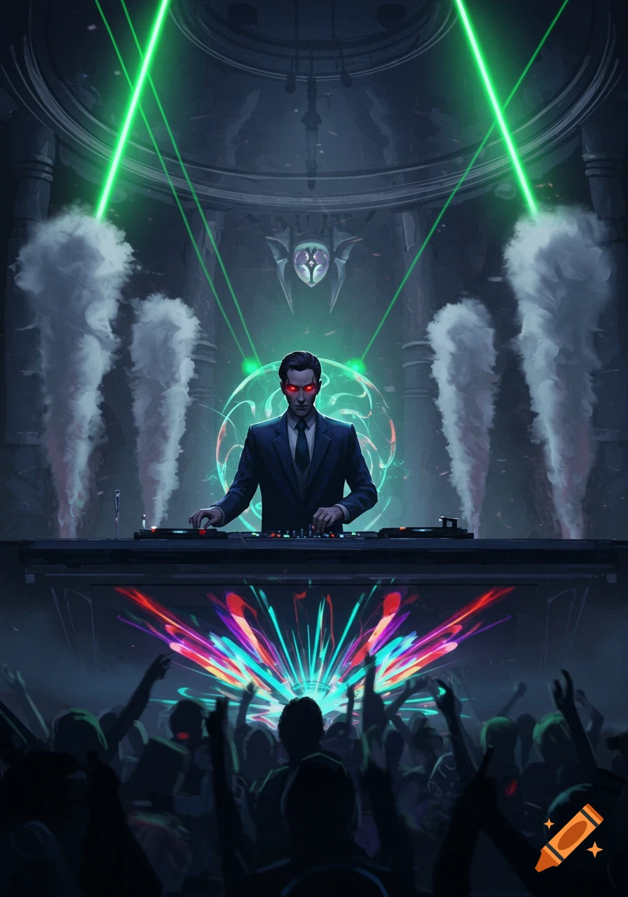 Red-eyed DJ in a suit performing at a dark club with green lasers and a silhouetted crowd.