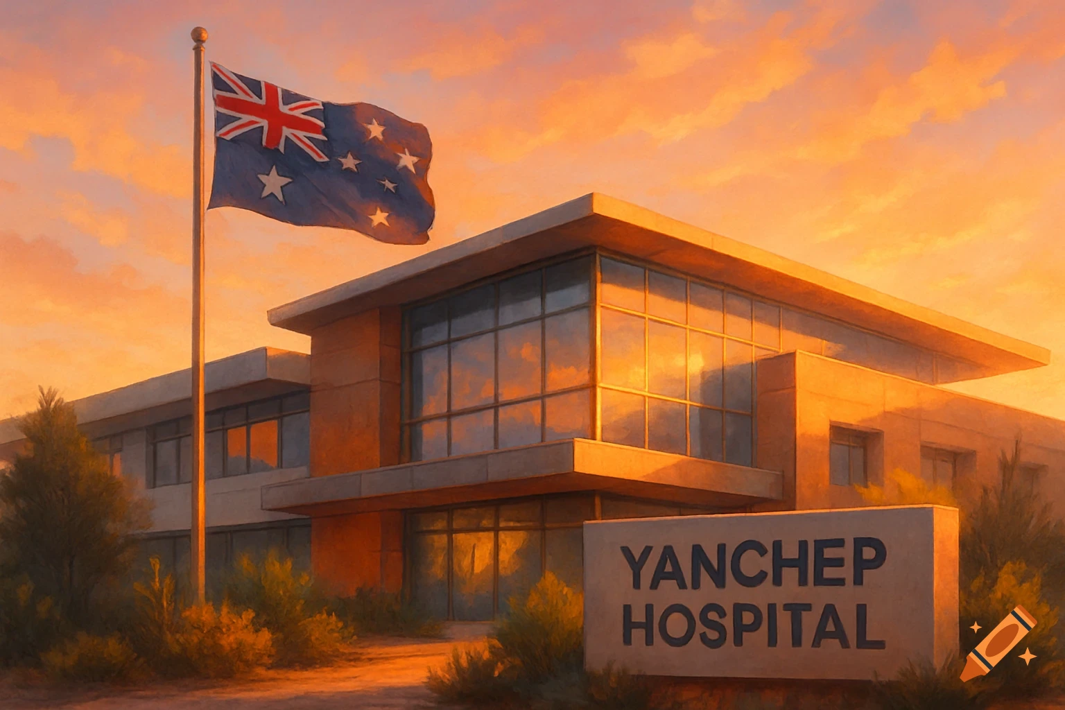 Painterly image of Yanchep Hospital with an Australian flag flying at sunset against an orange sky.