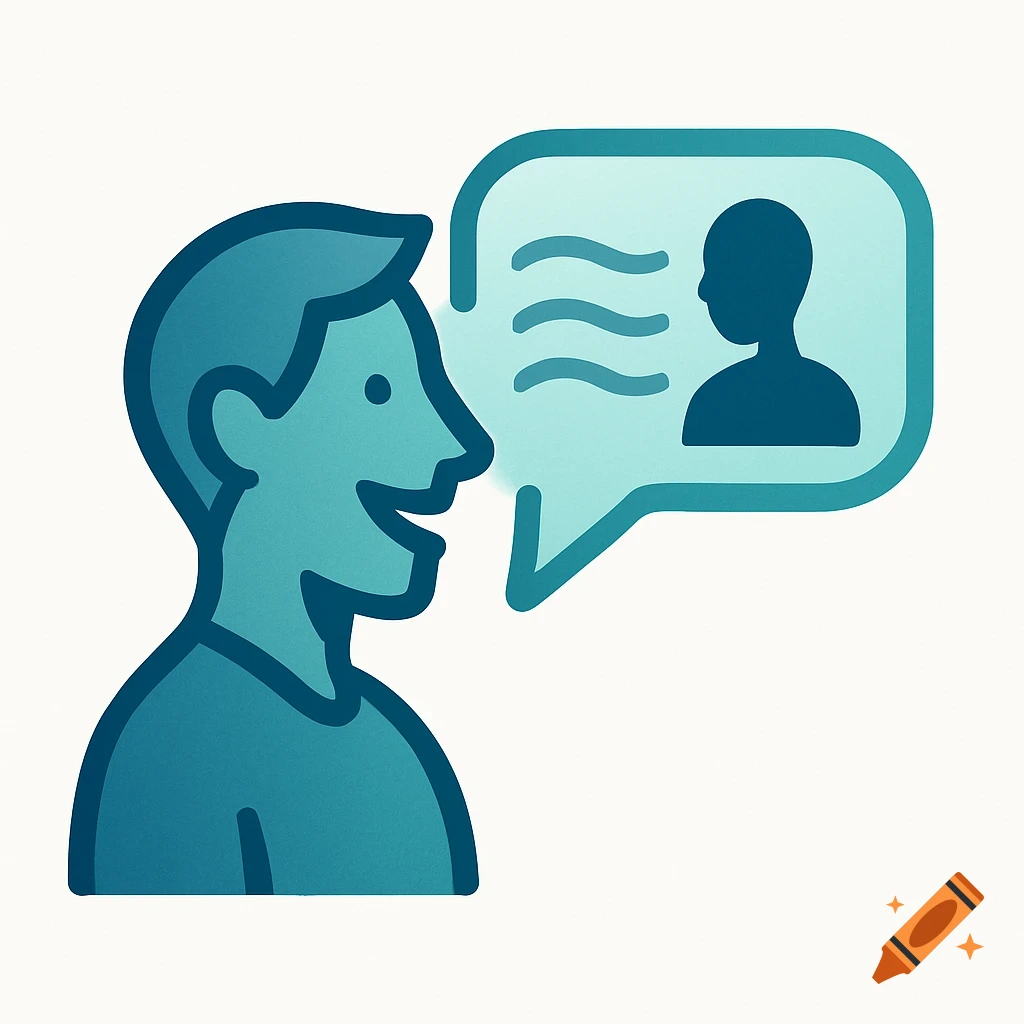 A blue gradient icon showing a person talking into a speech bubble with a user profile and wavy lines.