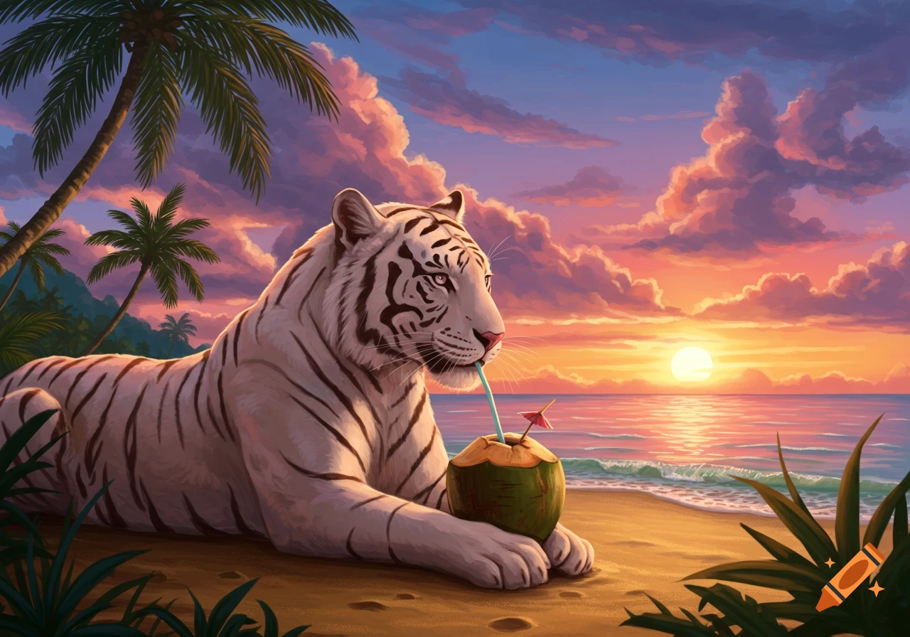 A white tiger sips from a coconut with a straw on a tropical beach at sunset, with palm trees and colorful clouds.
