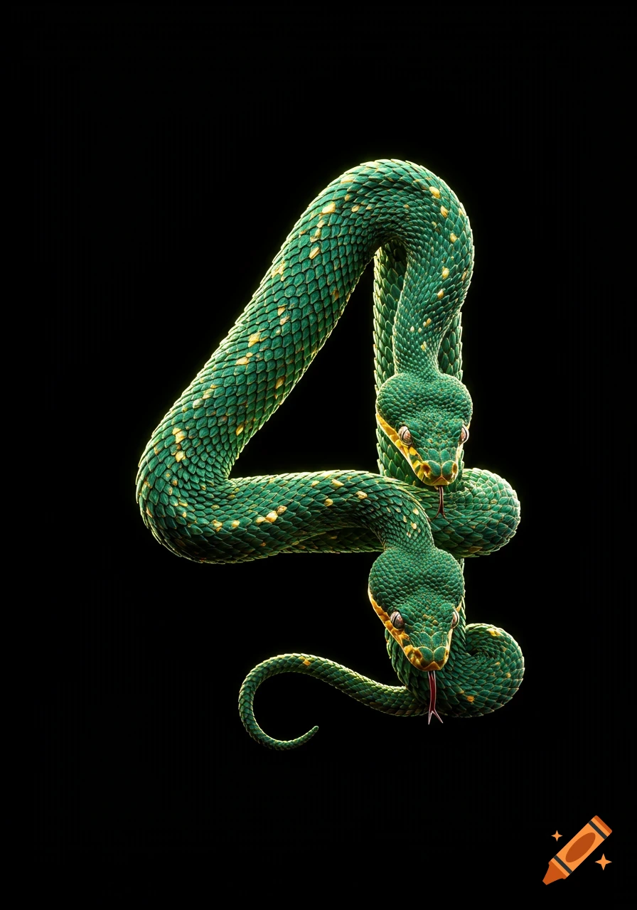 Photorealistic green snakes with yellow spots form the number 4 against a dark background.