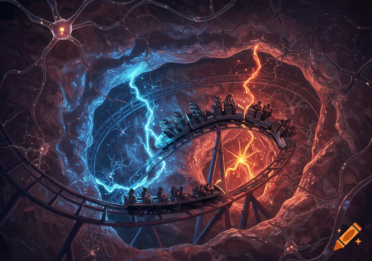 A fantasy digital art image of a rollercoaster inside a stylized brain with glowing neurons and electric blue and red lightning.