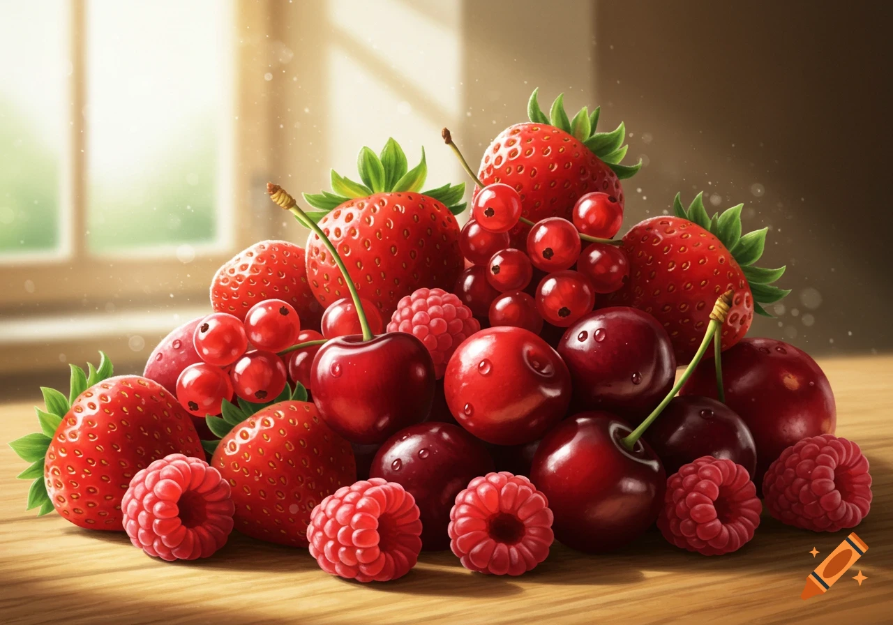 A photorealistic close-up of a vibrant pile of red fruits, including strawberries, raspberries, cherries, and redcurrants, glistening with water droplets, on a wooden table.